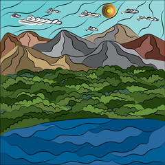 Abstract mountain landscape in mosaic style. Vector graphics