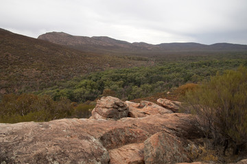 Wilpena Pound South Australia, panoramic view with the many colours of Australian bush from rocky outcrop in foreground 