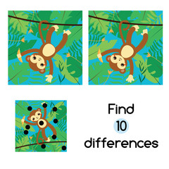 Find the differences educational children game with answer. Monkey in jungle