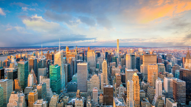 Aerial view of Manhattan skyline at sunset, New York City