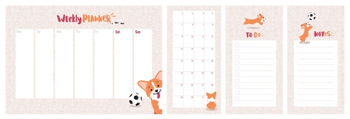 Weekly, daily planner and to do list with cute welsh corgi dog character. Vector illustration.