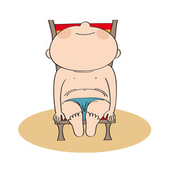 Man sunbathing on the beach, relaxing on the sunbed under the parasol - original hand drawn illustration.