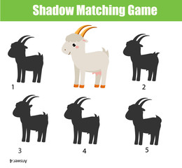Shadow matching game for children. Find the right shadow for cartoon goat. Activity for preschool kids and toddlers