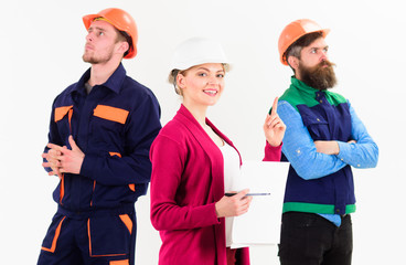 Team of architects, builders with woman manager, isolated white background.