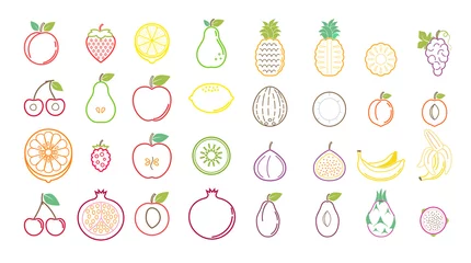 Fotobehang Summer tropical fruit icons for background ads and banners. Color line fruit mix isolated on white background vector illustration © t_dalton
