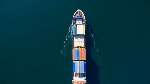 Cargo Ship, Aerial Vertical Top Down View

