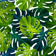 Tropical seamless pattern with monstera leaves. Fashionable summer background. - obrazy, fototapety, plakaty