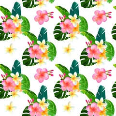 Foto auf Acrylglas Tropical seamless pattern with bouquet of monstera leaves, hibiscus, plumeria . Fashionable plant illustration. Summer background. It's perfect for textile and wrapping paper. © LOKKA