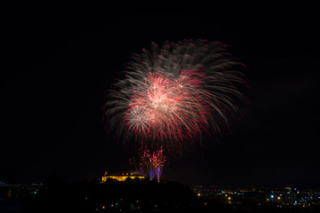 Beautiful colorful firework in city Brno on Spilberk