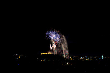 Beautiful colorful firework in city Brno on Spilberk