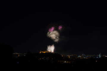 Beautiful colorful firework in city Brno on Spilberk