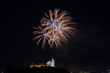 Beautiful colorful firework in city Brno on Spilberk