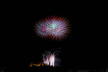 Beautiful colorful firework in city Brno on Spilberk