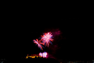 Beautiful colorful firework in city Brno on Spilberk