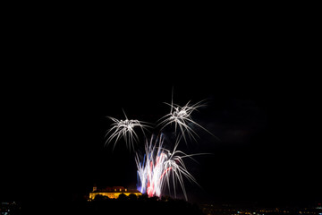 Beautiful colorful firework in city Brno on Spilberk