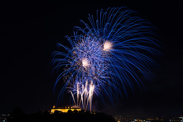 Beautiful colorful firework in city Brno on Spilberk