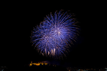 Beautiful colorful firework in city Brno on Spilberk