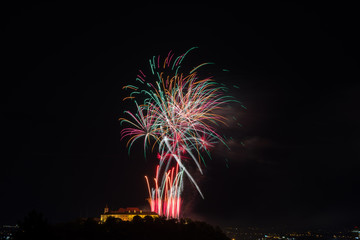 Beautiful colorful firework in city Brno on Spilberk