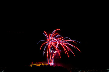 Beautiful colorful firework in city Brno on Spilberk
