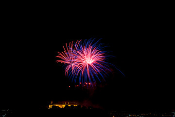 Beautiful colorful firework in city Brno on Spilberk