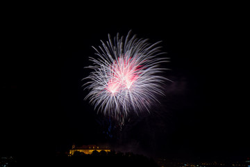 Beautiful colorful firework in city Brno on Spilberk