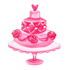 Watercolor hand drawn cake on isolated white background.