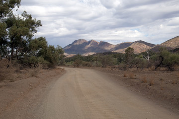 Moralana Scenic Drive South Australia, scene from dirt road in the flinders ranges on an overcast day