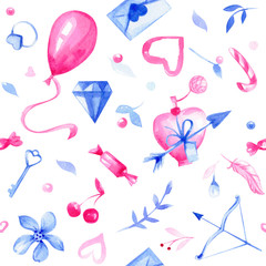Fototapeta na wymiar Hand drawn illustration with balloon, diamond, arrow, hearts, sweets, flowers, perfume, letter. It's perfect for textile, wrapping paper. Seamless watercolor pattern.