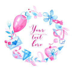 Hand drawn illustration with balloon, diamond, arrow, hearts, sweets, flowers, perfume, letter. It's perfect for textile, wrapping paper. Watercolor ring.