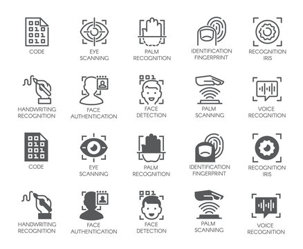 Set of biometric buttons. 10 icons in linear and glyph designs. Authorization, identification and verification symbols. Fingerprint recognition, eye and palm scanning, face and voice authentication