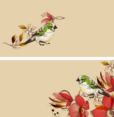 Flowers and cute birds banners set
