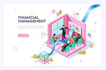 Investment and virtual finance. Communication and contemporary marketing. Future and office devices working on investments. Infographic for web banner, hero images. Flat isometric vector illustration.