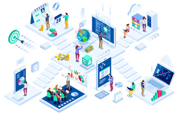 Investment and virtual finance. Communication and contemporary marketing. Future and office devices working on investments. Infographic for web banner, hero images. Flat isometric vector illustration. - obrazy, fototapety, plakaty