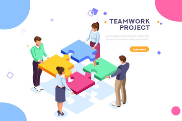 Conceptual web seo illustration. Landing page for stylish website. Teamwork project, web agency or male young employee and new company project. Sticker for web banner. Flat isometric vector images.