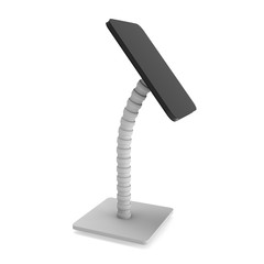 LCD Screen Stand. Trade Show Booth. 3d render of tv info kiosk isolated on white background. High Resolution. Ad template for your expo design.