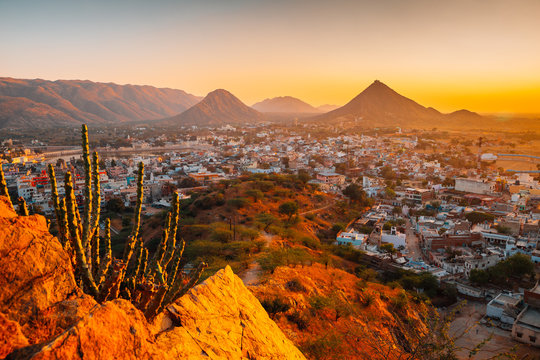 Pushkar town sunset panorama view from Papmochani Mata Hindu Temple in Pushkar, India