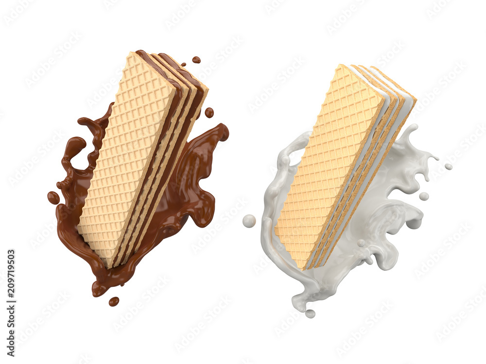 Canvas Prints Wafer with chocolate and Milk Splash, Design element with Clipping path 3d illustration.