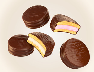 chocolate and Milk Flavor of pie flying on Clean Background 3d illustration.