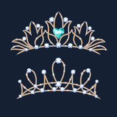 Tiara crowns set. Wedding diadem with diamonds and gems.