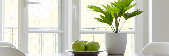 Three green apples on plate and fresh plant in white pot standing on table in the real photo of...