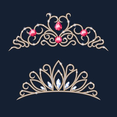 Tiara crowns set. Wedding diadem with diamonds and gems. © rea_molko