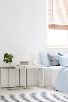 Lamp and plant on table next to bed with blue pillows in minimal bedroom interior. Real photo