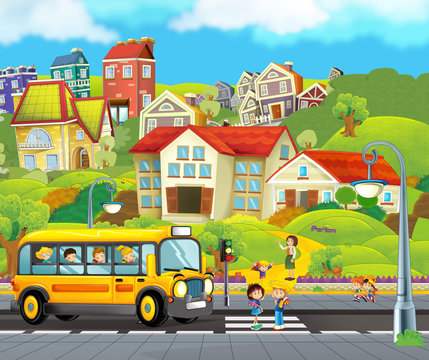 cartoon scene with school bus taking kids to school and teacher waiting near the building - illustration for children