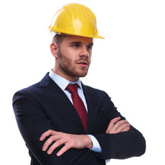 portrait of confident engineer boss looking to side