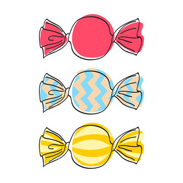Wrapped candies set - sketch style illustration.