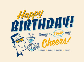 Vintage Style Happy Birthday Card - Cheers! 