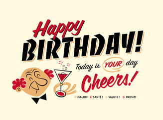 Vintage Style Happy Birthday Card - Cheers! 