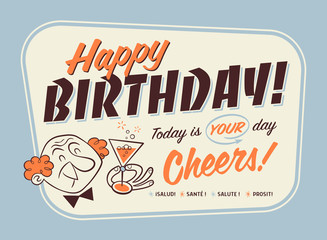 Vintage Style Happy Birthday Card - Cheers! 