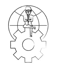 cartoon businessman sitting on gear wheel over global sphere and white background, vector illustration