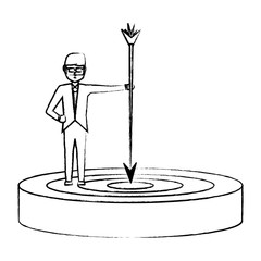 businessman holding a arrow on a target over white background, vector illustration